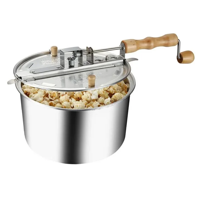 0W 6 qt. Wood and Aluminum Stovetop Popcorn Popper Machine