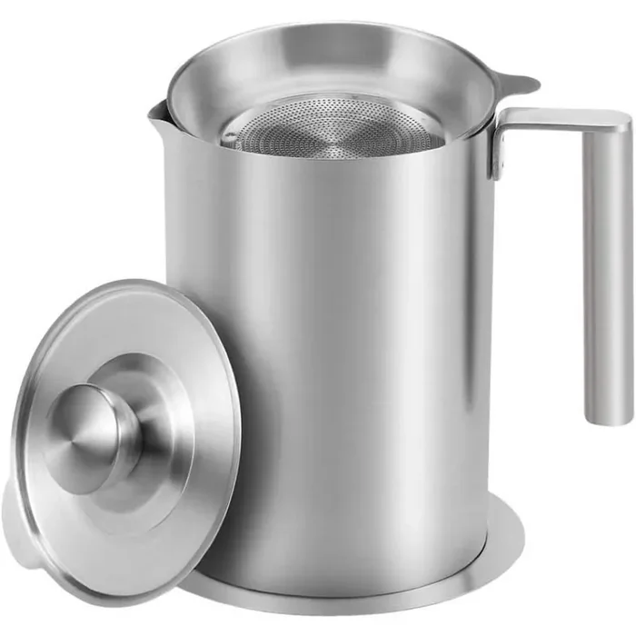 1.8 L/1.9 qt. Stainless Steel Grease Strainer and Container with Dust-Proof Lid and Easy Grip Handle in Silver