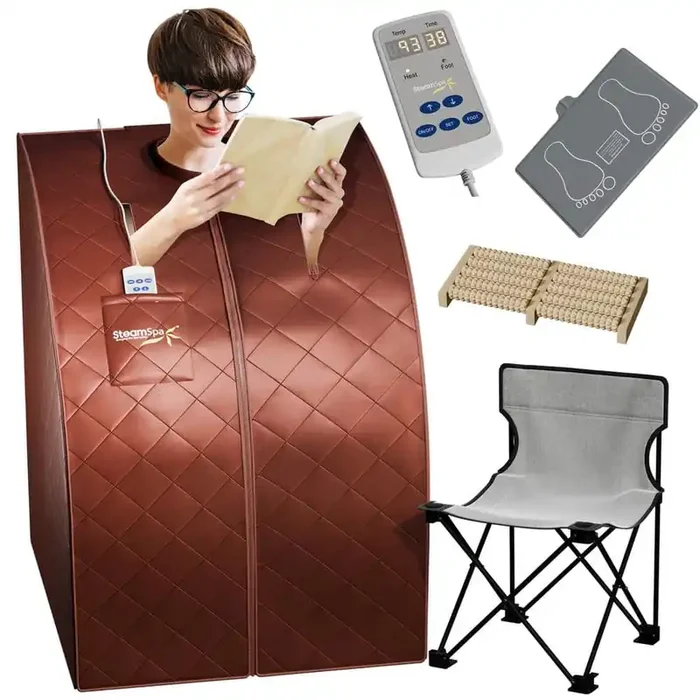 1-Person Indoor PP Plastic 1050 Watt Portable Infrared Home Sauna with Digital Controller and Foldable Chair, Brown