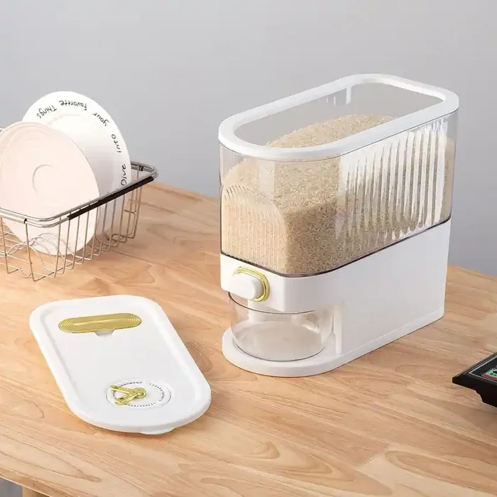 1-Piece 11 lbs. Rice Dispenser, Large Grain Container Storage with Lid Measuring Cylinder for Kitchen, Clear and White