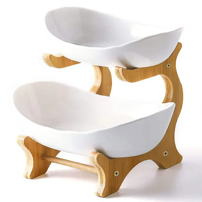 1 Piece 2 Tier Ceramic Fruit Bowl With Bamboo Stand for Kitchen Counter, Porcelain Fruit Basket for Vegetable Storage