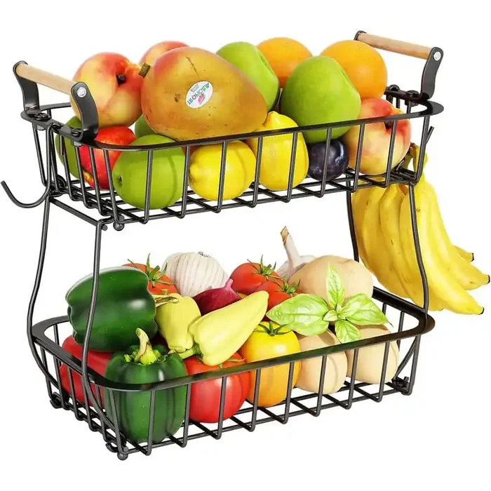 1-Piece 2-Tier Fruit Basket Bowl in Black with Side Hooks, Detachable Basket and Wooden Handle for Kitchen Countertop