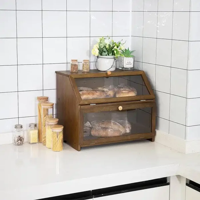 1-Piece Double Layer Bread Box for Kitchen Counter, Wooden Large Capacity Bread Storage Bin (Brown)