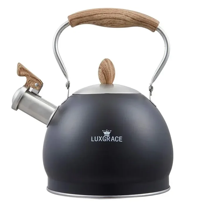 10 Cups Opaque Black Stainless Steel Whistling Tea Kettle Teapot with Aluminum Capsulated Bottom for Fast Boiling Water
