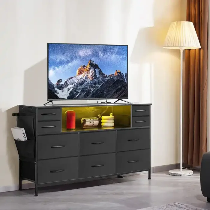 10 Drawer Dresser, Fabric Drawer Dresser with Fabric Bins, Closet Storage Drawers with Open Storage Shelf, Black