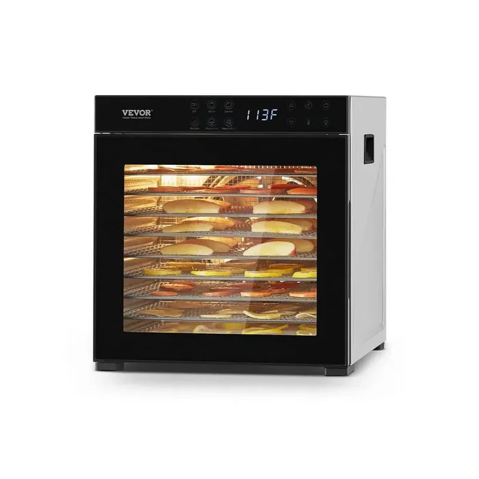 10-Tray Food Dehydrator, 1000W Electric Dryer in Silver with Adjustable Temp, 24-Hr Timer for Jerky, Fruits, Veggies
