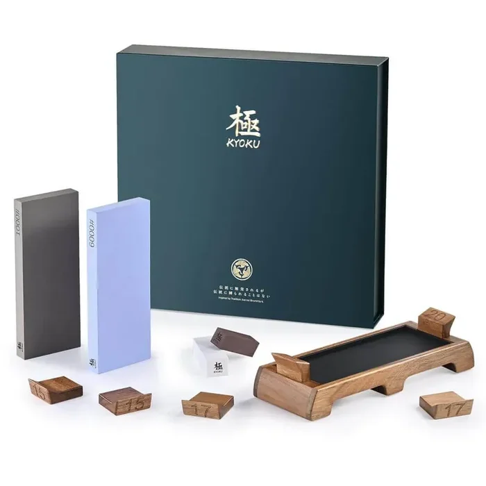 1000 and 6000 Grit Sharpening Stone Aluminum Oxide Manual Whetstone Kit with Angle Guides, Wood Base, Rust Remover