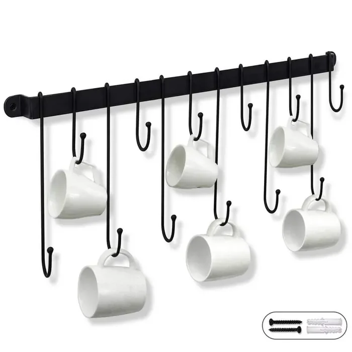 12-Hook Black Hanging Coffee Mug Wall Rack, 23 in. Wall Mounted Mug Hook Coffee Cup Holder