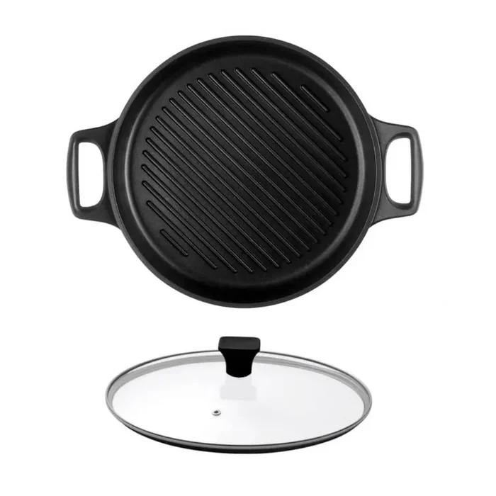 12 in. Round Cast Aluminum Griddle Pan, Nonstick Grill Pan in Black with Lid for Stovetop