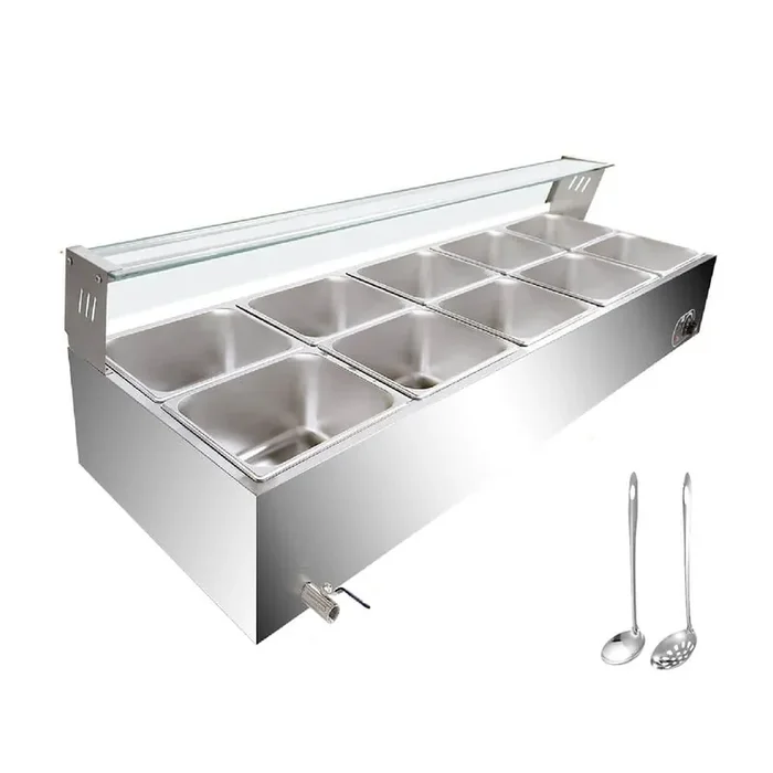120Qt. /114L 10-Pan Commercial Food Warmer Buffet Server 1500W Electric Steam Table in Stainless Steel with Glass Shield