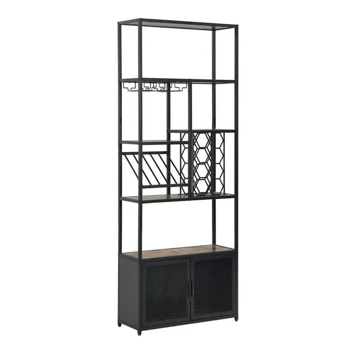 13-Bottle Standing Wine Rack with Glass Rack, Industrial 82.7 in. H 5-Tier Freestanding Floor Bar Cabinets, Rustic Brown