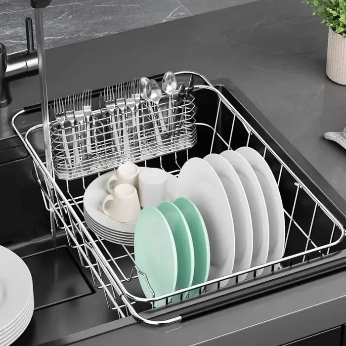 15.08 in. to 20.59 in. Adjustable Dish Drying Rack in Sink, Stainless Steel Expandable Dish Rack with Utensil Holder