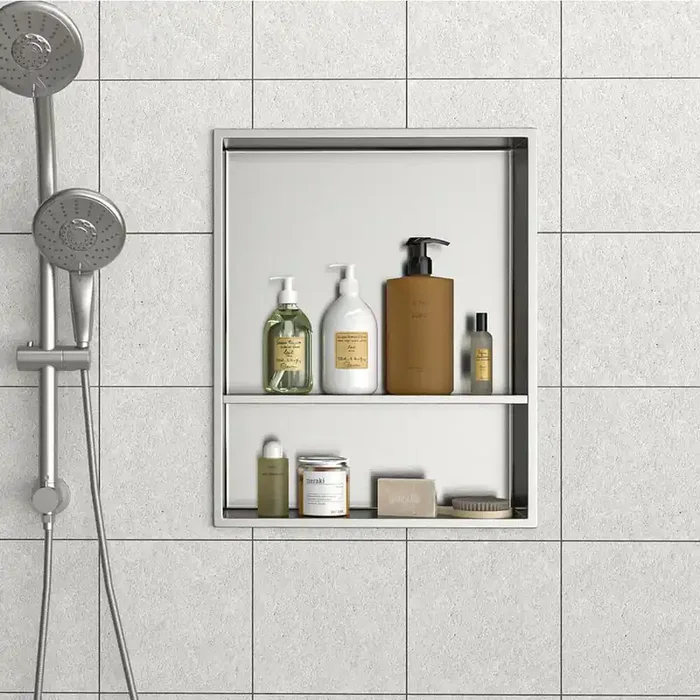 17 in. W x 21 in. H x 4 in. D Shower Niche Set of 1-Pieces in Brushed Nickel with Shelf