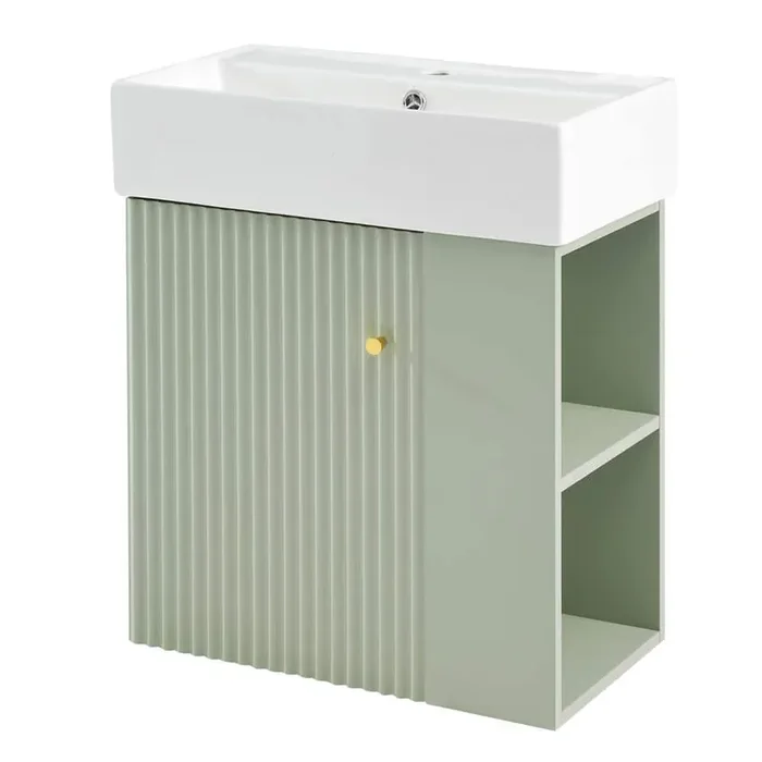 22 in. H Single Sink Floating Bath Vanity in Green with White Ceramic Basin Top and Right side storage