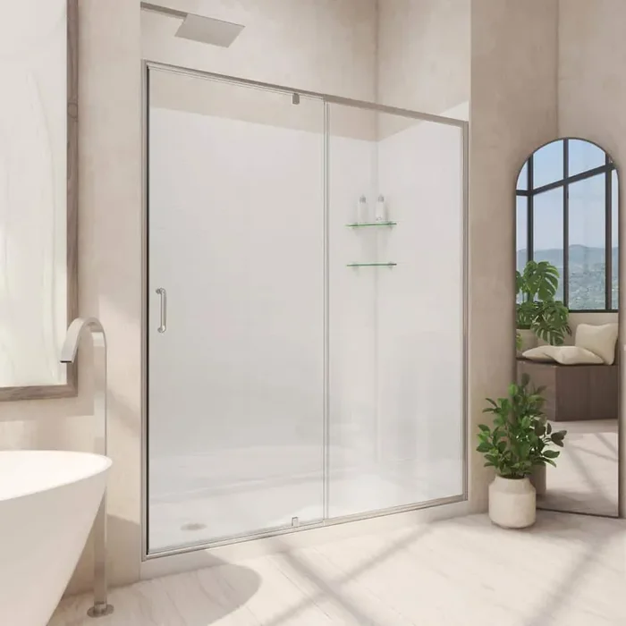 30 in. D x 60 in. W x 78 3/4 in. H Pivot Semi-Frameless Shower Door Base and White Wall Kit in Brushed Nickel
