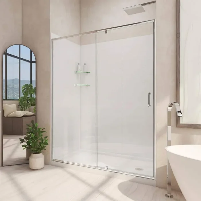 30 in. D x 60 in. W x 78 3/4 in. H Pivot Semi-Frameless Shower Door Base and White Wall Kit in Chrome