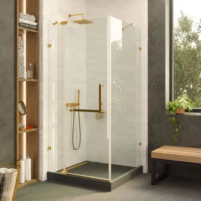 30 in. W x 30 in. L x 74 in. H Frameless Corner Shower Enclosure with Hinged Clear Tempered Glass in Satin Brass
