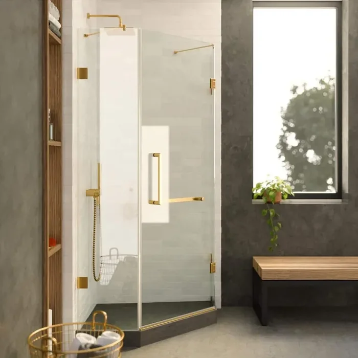 30 in. W x 74.25 in. H Neo Angle Fixed Frameless Corner Shower Enclosure in Satin Brass