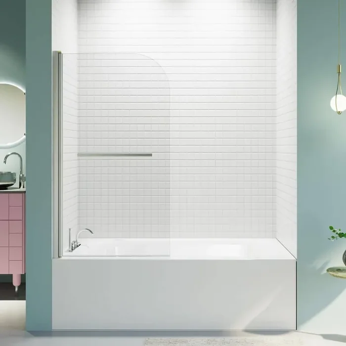 31 in. W x 55 in. H Pivot Frameless Tub Door in Chrome with Clear Glass