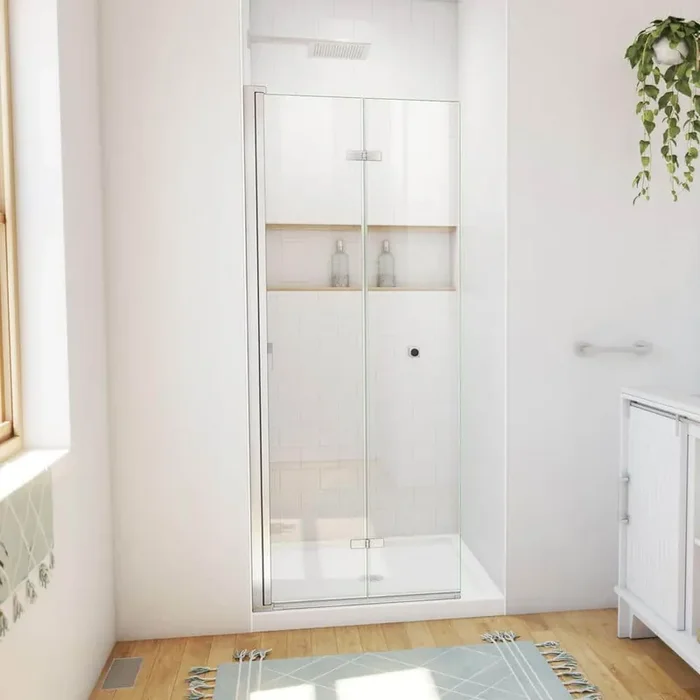 32 in. L x 32 in. W x 74 3/4 in. H Alcove Shower Kit with Bi Fold Frameless Shower Door and Shower Pan, BN/W