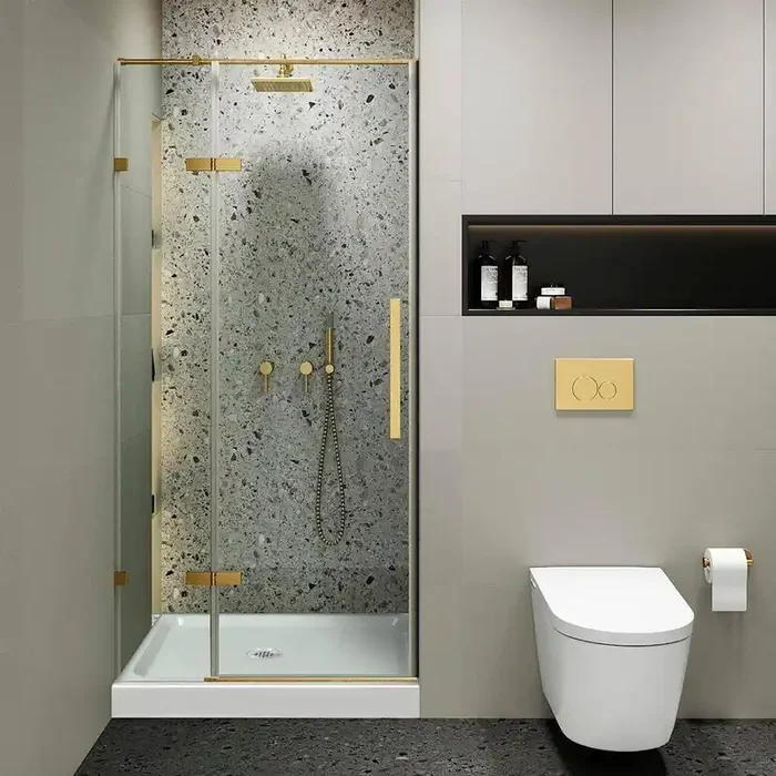 32 in. W x 74 in. H Hinged Frameless Shower Door with Shower Base in Satin Brass Finish with Clear Glass