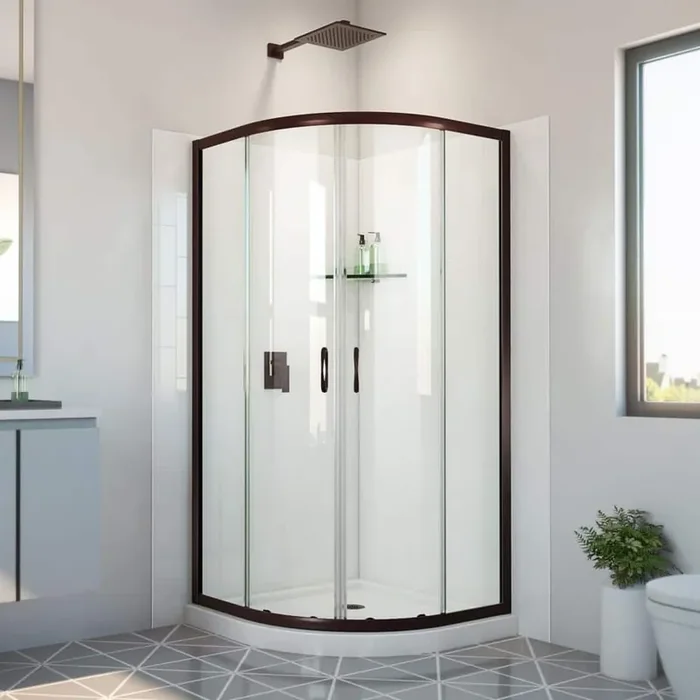 33 in. D x 33 in. W x 78-3/4 in. H Sliding Semi Frameless Corner Shower Kit Base and White Wall in Oil Rubbed Bronze