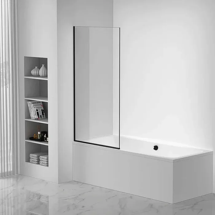 34.25 in. W x 58 in. H Fixed Tub Door Frameless in Black Finish with Tempered Clear Glass