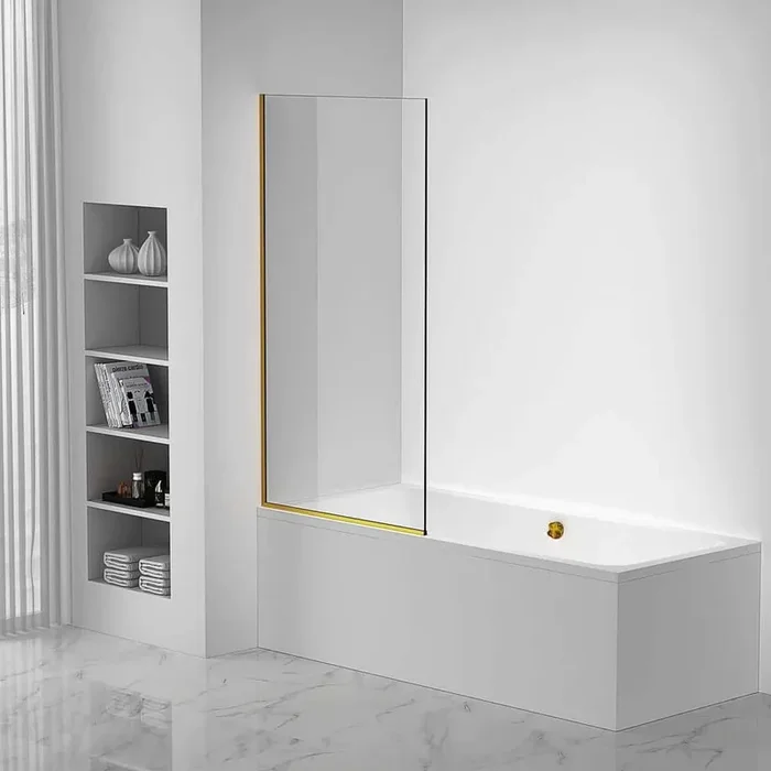 34.25 in. W x 58 in. H Fixed Tub Door Frameless in Brass Finish with Tempered Clear Glass