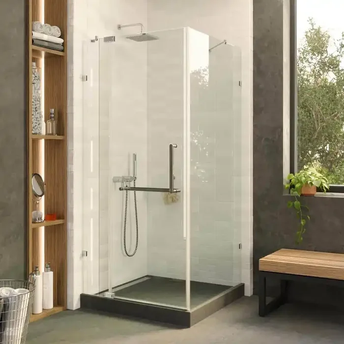 34 in. W x 34 in. H x 74 in. H Frameless Corner Shower Enclosure with Hinged Clear Tempered Glass in Polished Chrome