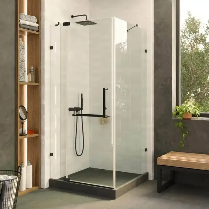 34 in. W x 34 in. H x 74 in. H Tempered Glass Frameless Shower Enclosure Hinged in Black