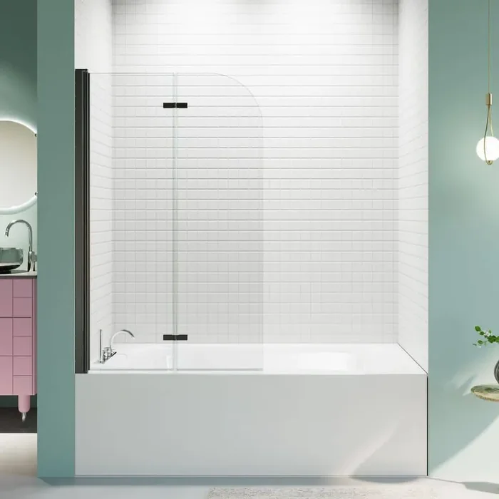 34 in. W x 58 in. H Pivot Bifold Frameless Tub Door in Matte Black Finish with Clear Glass