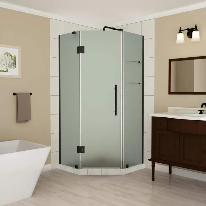 34 to 34.25 in. x 72 in. Frameless Hinged Neo-Angle Shower Enclosure with Frosted Glass and Shelves in Oil Rubbed Bronze