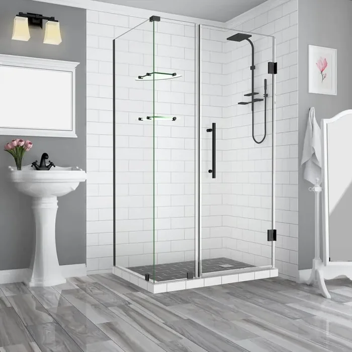35.25 in. to 36.25 in. x 30.375 in. x 72 in. Frameless Corner Hinged Shower Enclosure with Glass Shelves in Matte Black