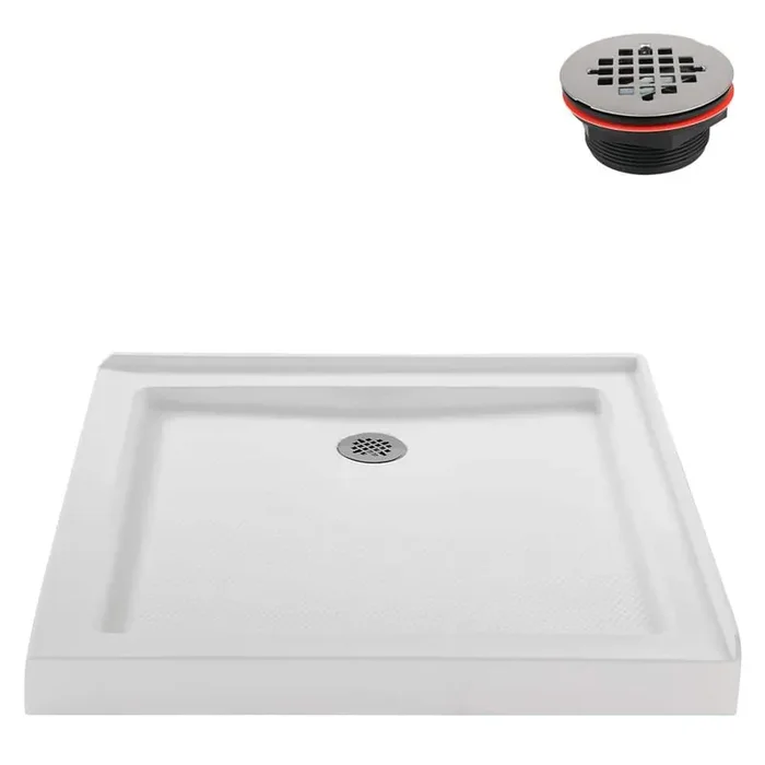 36 in. L x 36 in. W Corner Acrylic Shower Pan Base, Glossy White with Left Hand Drain, Drain Included