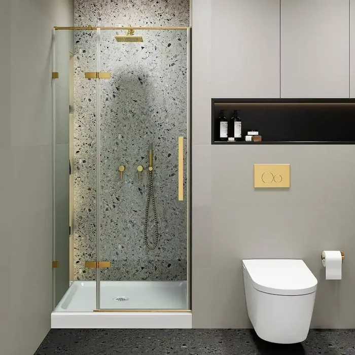 36 in. W x 74 in. H Hinged Frameless Shower Door with Shower Base in Satin Brass Finish with Clear Glass