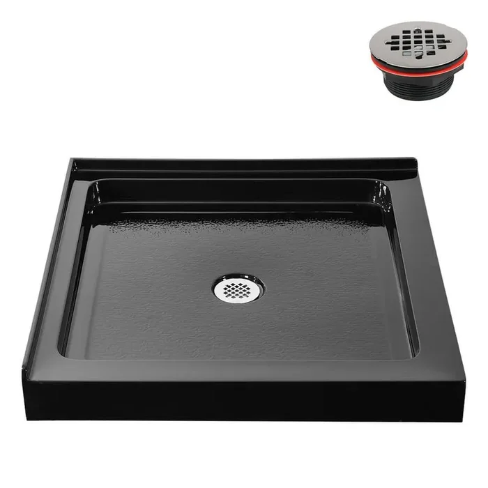 36 in. x 36 in. Corner Acrylic Shower Pan Base in Glossy Black with Center Drain, Drain Included