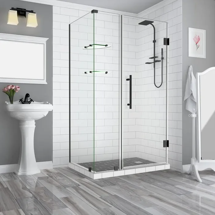 38.25 in. to 39.25 in. x 34.375 in. x 72 in. Frameless Corner Hinged Shower Enclosure with Glass Shelves in Matte Black