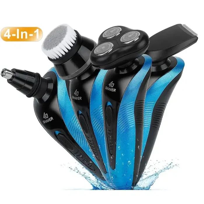 4-in-1 Electric Razor, Cordless Rechargeable Shaver Beard Trimmer, IPX7 Waterproof for Men, Blue