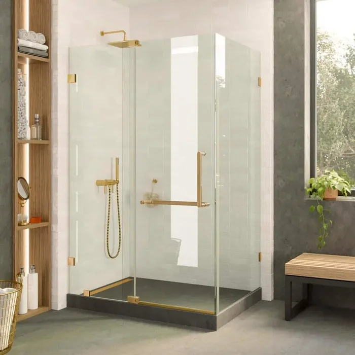 40 in. W x 28 in. L x 74 in. H Hinged Frameless Corner Shower Enclosure Tempered Glass with Satin Brass Finish