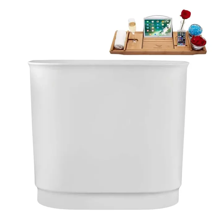 40 in. x 32 in. Acrylic Freestanding Soaking Bathtub in Glossy White with Glossy White Drain, Bamboo Tray