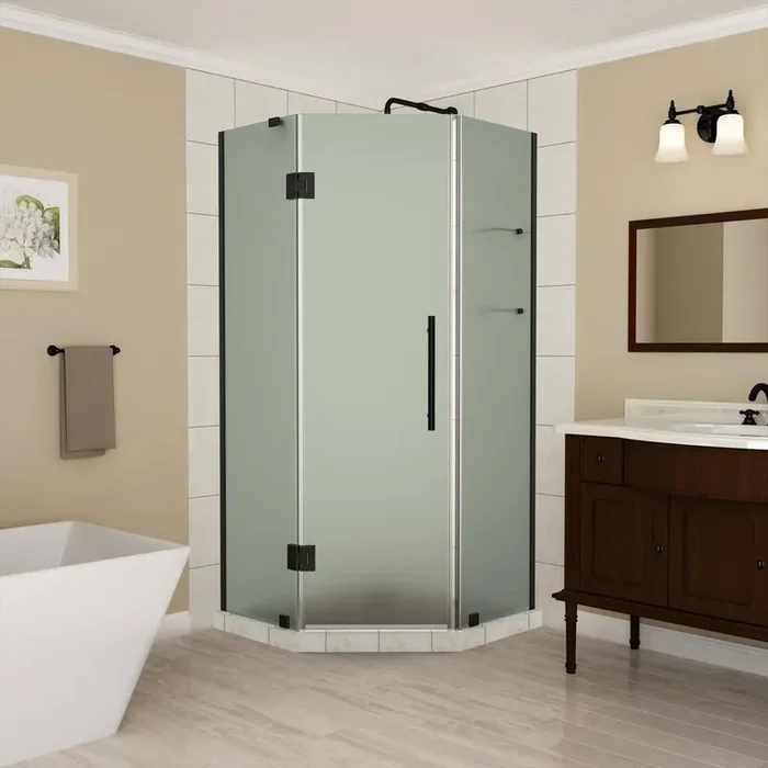 40 to 40.5 in. x 72 in. Frameless Hinged Neo-Angle Shower Enclosure with Frosted Glass and Shelves in Oil Rubbed Bronze