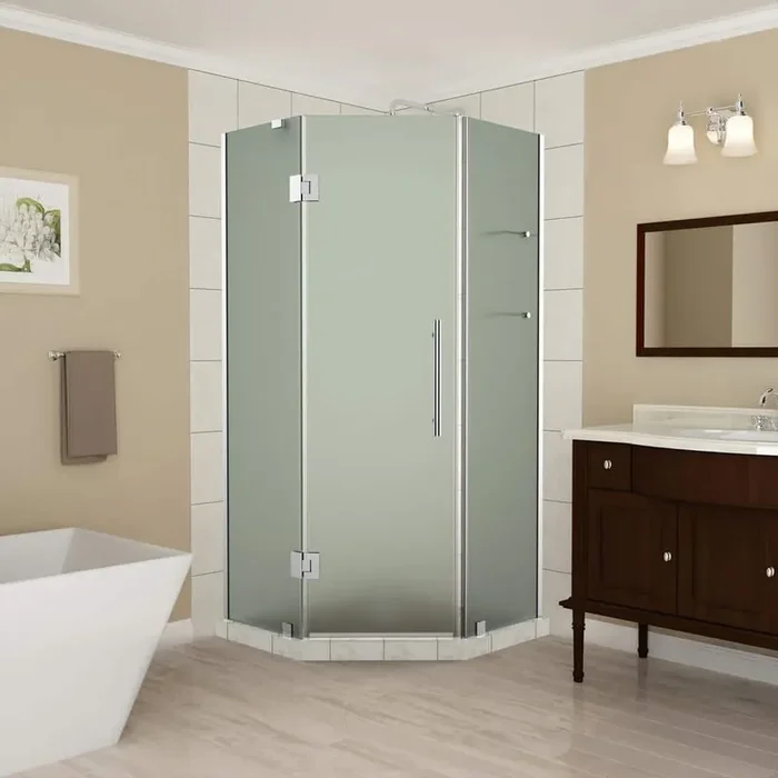 40 to 40.5 in. x 72 in. Frameless Hinged Neo-Angle Shower Enclosure with Frosted Glass and Shelves in Chrome
