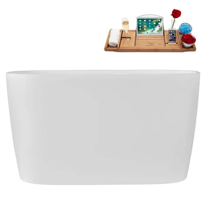 47 in. x 23 in. Acrylic Freestanding Soaking Bathtub in Glossy White with Glossy White Drain, Bamboo Tray