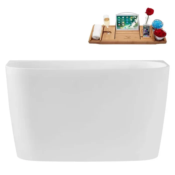47 in. x 23 in. Acrylic Freestanding Soaking Bathtub in Glossy White with Polished Gold Drain, Bamboo Tray