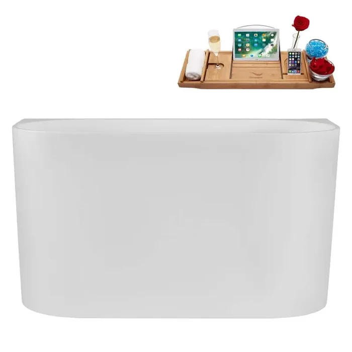 47 in. x 24 in. Acrylic Freestanding Soaking Bathtub in Glossy White with Brushed Nickel Drain, Bamboo Tray