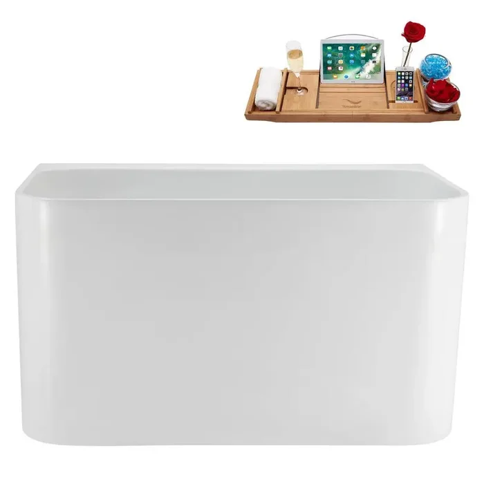 47 in. x 28 in. Acrylic Freestanding Soaking Bathtub in Glossy White with Brushed Gold Drain, Bamboo Tray