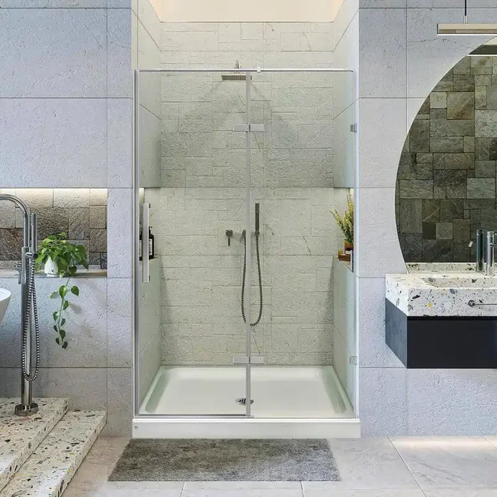 48 in. W x 74 in. H Hinged Frameless Shower Door with Shower Base in Polished Chrome Finish with Clear Glass
