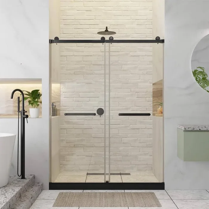 48 in. W x 80 in. H Double Sliding Frameless Shower Door in Black Finish with Tempered Clear Glass