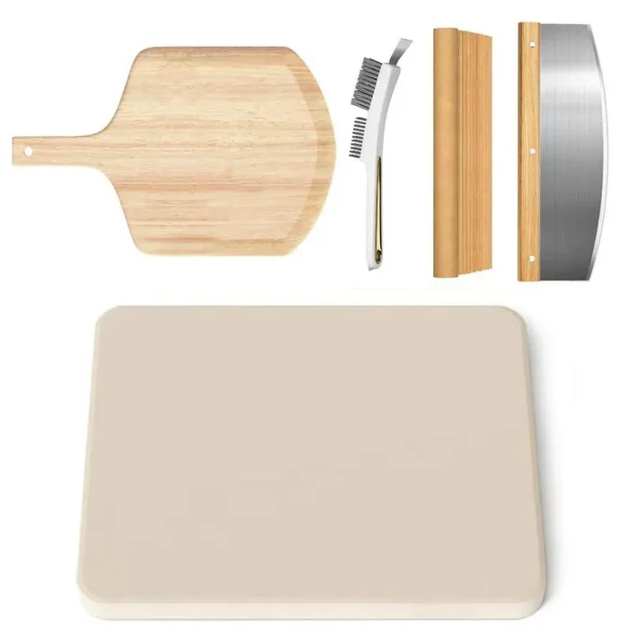 5-Piece 16 in. x 14 in. Rectangular Pizza Stone Set with Pizza Peel, Pizza Stone Brush, Pizza Cutter and Cooking Papers