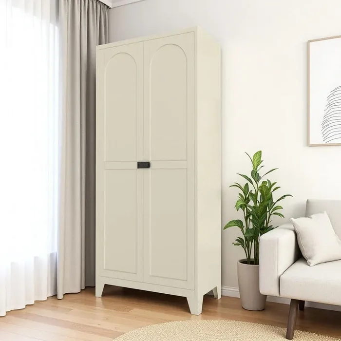 5-Tier Beige Metal Pantry Storage Cabinet with 2 Doors and Adjustable Shelves for Bedroom, Living Room, Kitchen